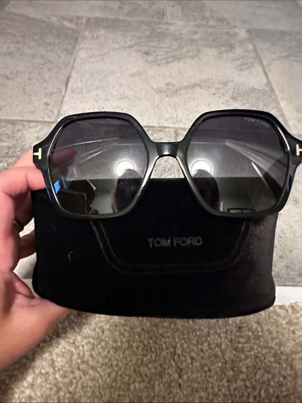 Tom Ford Women's Black Hexagonal Sunglasses with Gold T Accents